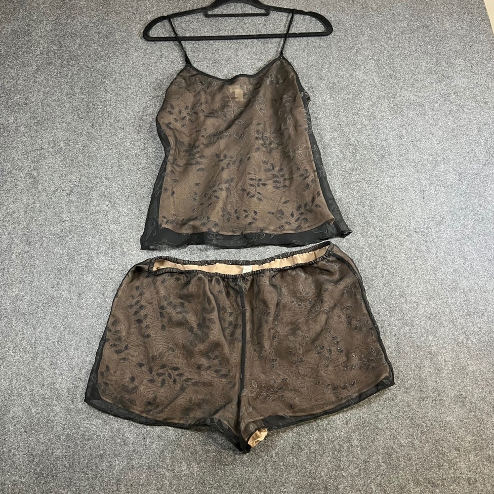 Calvin Klein Womens Mesh Leaf Pajama Set Camisole Tap Shorts Brown Black M 90's